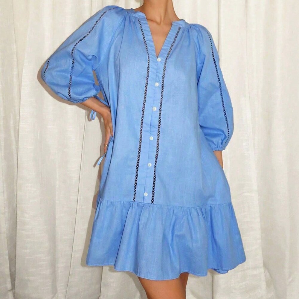 Baby Blue Cute Women's Summer Cotton Linen Ruffled Hem Dress - Picture 4 of 6